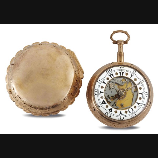 MARKWICK MARKHAM. AN PINK GILT SKELETONIZED TWO-TRAIN QUARTER REPEATING GRANDE AND PETITE SONNERIE CLOCKWATCH MADE FOR THE TURKISH MARKET SIGNED MARKWICK MARKHAM, LONDON, NO. 12596, CIRCA 1770