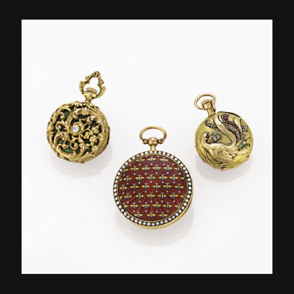 A GROUP OF THREE GOLD AND ENAMEL OPENFACE POCKET WATCHES THE FIRST SIGNED LECOULTRE & CIE, CIRCA 1900, THE SECOND SIGNED CH. OUDIN, CIRCA 1810 AND THE THIRD UNSIGNED, CIRCA 1890