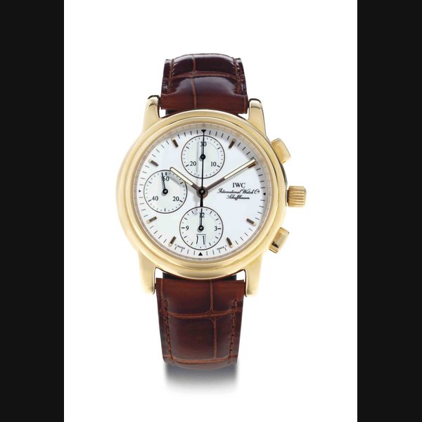 IWC. An 18k Gold Automatic Chronograph Wristwatch With Date SIGNED IWC, INTERNATIONAL WATCH COMPANY, SCHAFFHAUSON, MOVEMENT NO. 2'485'742, CASE NO. 2'533'938, CIRCA 1998
