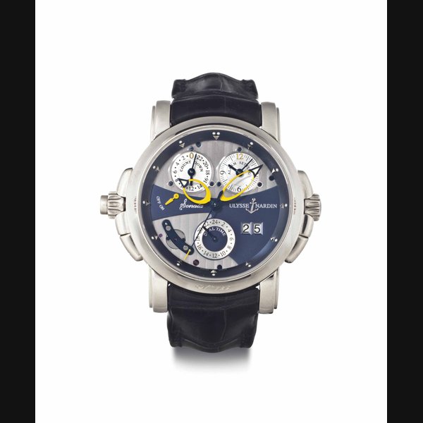 Ulysse Nardin. An Unusual and Large 18k White Gold Automatic Dual Time Wristwatch with Date, Countdown Indicator, and Musical Alarm SIGNED ULYSSE NARDIN, SONATA CATHEDRAL DUAL TIME MODEL, NO. 723, NO. 670-88, CIRCA 2004