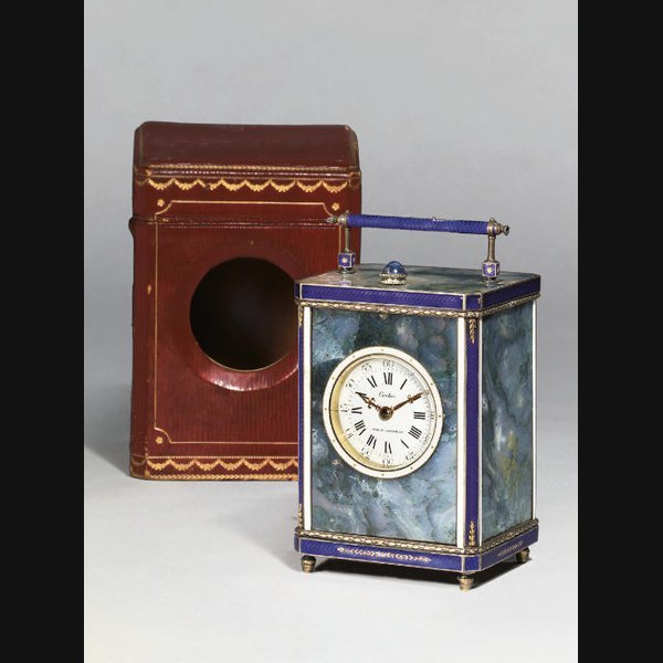 A French Silver A French silver, purple guilloché enamel, white enamel and variegated agate mounted striking and repeating eight day carriage clock with alarm CARTIER, PARIS-LONDON. CIRCA 1905