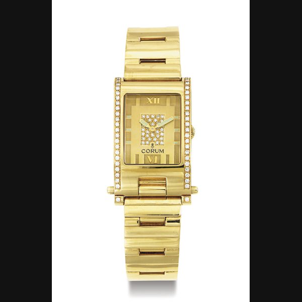 CORUM. AN 18K GOLD AND DIAMOND WRISTWATCH WITH BRACELET SIGNED CORUM, GMT NOON, CASE NO. 618350, REF. 64.151.65 V391, CIRCA 1995