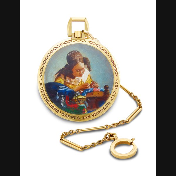 CORUM OPENFACE KEYLESS LEVER WATCH WITH ENAMEL MINIATURE “LA DENTELLIÈRE”
