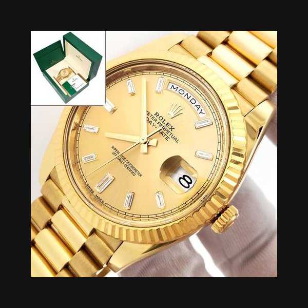 Rolex Day-Date40mm President Yellow Gold Champagne Baguette Diamond Box Papers Ref. 228238
