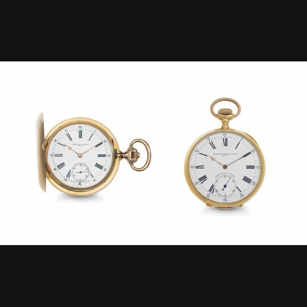  Patek Philippe and Vacheron Constantin. A Lot of Two 18k Pink Gold Keyless Lever Pocket Watches THE FIRST SIGNED PATEK PHILIPPE & CIE, GENÈVE, CHRONOMETRO GONDOLO, DIAL DR. FRANCISCO FERREIRA VELLOZO PELOTAS, MOVEMENT NO. 151'318, CASE NO. 254'663, MANUFACTURED IN 1908, THE SECOND VACHERON ET CONSTANTIN, GENEVE, DEMI CHRONOMETRE, MOVEMENT NO. 307'910, CASE NO. 185'546, MANUFACTURED IN 1898