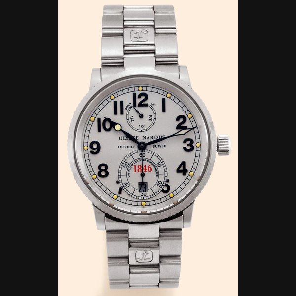 Ulysse Nardin Ulysse Nardin, Le Locle, Suisse, 'Marine Chrono-meter,' Officially Certi-fied Chronometer, Ref. 263-22. Produc-tion of this reference started in 1996. Fine, self-winding, water-resistant, stainless steel gentleman's chrono-meter wristwatch with date and a stainless steel Ulysse Nardin link bra-celet with deployant clasp. | Important Collectors Wristwatches,Pocket Watches & Clocks | New York, 23rd March 2005 · 263-22