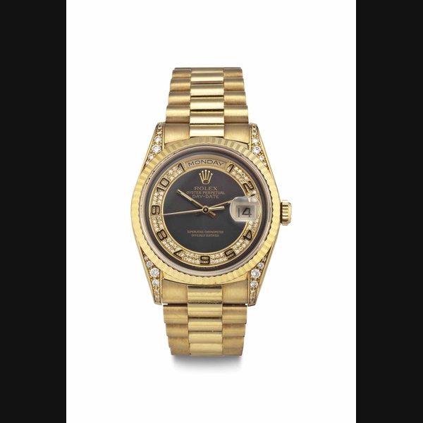 Rolex Rolex. A Rare and Unusual 18K Gold, Diamond-set Automatic Calendar Wristwatch with Sweep Center Seconds, Bracelet and Presentation Box SIGNED ROLEX, DAY-DATE, REF. 18338, CASE NO. W030480, CIRCA 1995