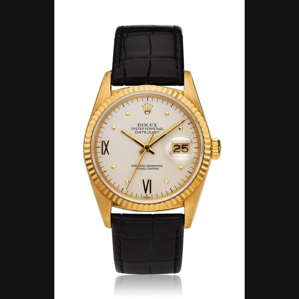 ROLEX, DATEJUST, 18K GOLD, RARE CYLINDRICAL PYRAMIDAL-TEMINATED INDEX DIAL, REF. 16018