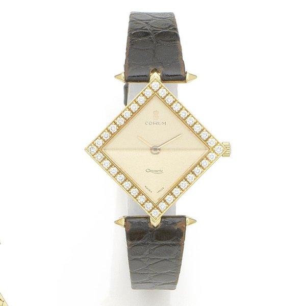 Corum. A lady's 18k gold diamond set quartz wristwatch Case No.4737165/405736, Movement No.251929, Circa 1980