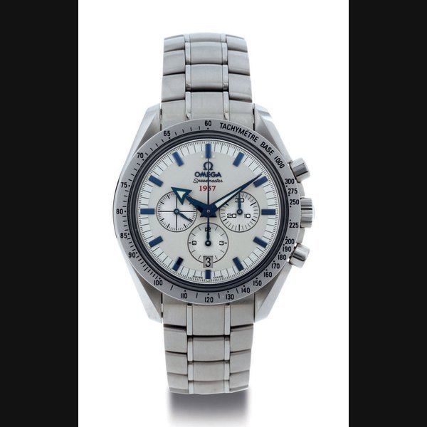 Omega OMEGA. A STAINLESS STEEL AUTOMATIC CHRONOGRAPH WRISTWATCH WITH DATE AND BRACELET SIGNED OMEGA, SPEEDMASTER, BROAD ARROW CO-AXIAL, 1957, MOVEMENT NO. 78308379, REF. 32110425, CIRCA 2007