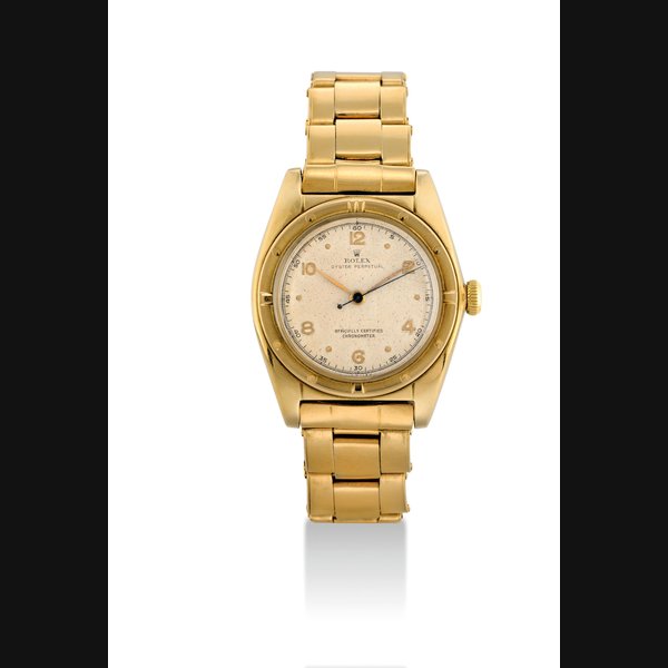 ROLEX. A 14K GOLD AUTOMATIC BUBBLE-BACK WRISTWATCH WITH SWEEP CENTRE SECONDS AND BRACELET SIGNED ROLEX, OYSTER PERPETUAL MODEL, REF. 5015, CASE NO. 638'034, CIRCA 1949