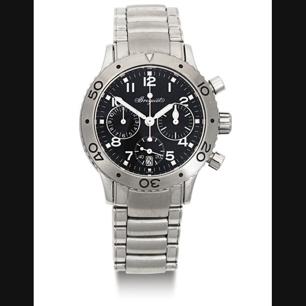 BREGUET. A STAINLESS STEEL AUTOMATIC CHRONOGRAPH WRISTWATCH WITH DATE AND BRACELET SIGNED BREGUET, TYPE XX, NO. 70681, REF. 4820, CIRCA 2000