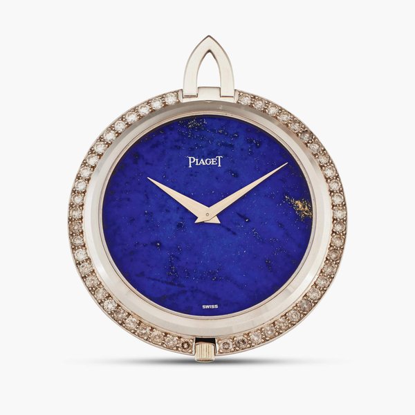 Piaget A white gold and diamond-set open-faced keyless pocket watch with lapis lazuli dial, Circa 1973