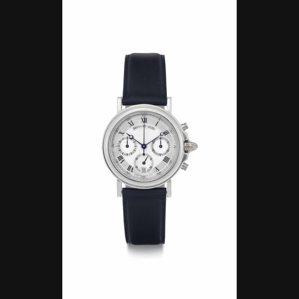 Breguet. A Fine Platinum Automatic Chronograph Wristwatch with Date SIGNED BREGUET, CHRONOGRAPHE AUTOMATIQUE, HORLOGER DE LA MARINE, MARINE CHRONOGRAPH MODEL, REF. 3460PT, MOVEMENT NO. 2024, CASE NO. 6125I, CIRCA 1995