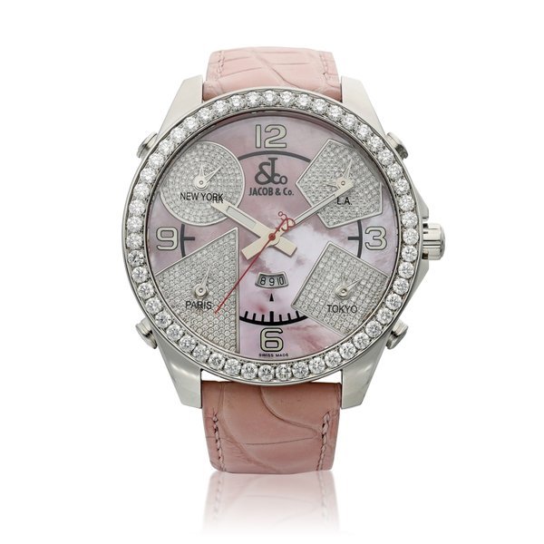 Jacob & Co. The Five Time Zones | A stainless steel and diamond-set quintuple wristwatch with date and mother-of-pearl dial, Circa 2008 | The Five Time Zones | 精鋼鑲鑽石五地時間腕錶，備日期顯示及珠母貝錶盤，約2008年製