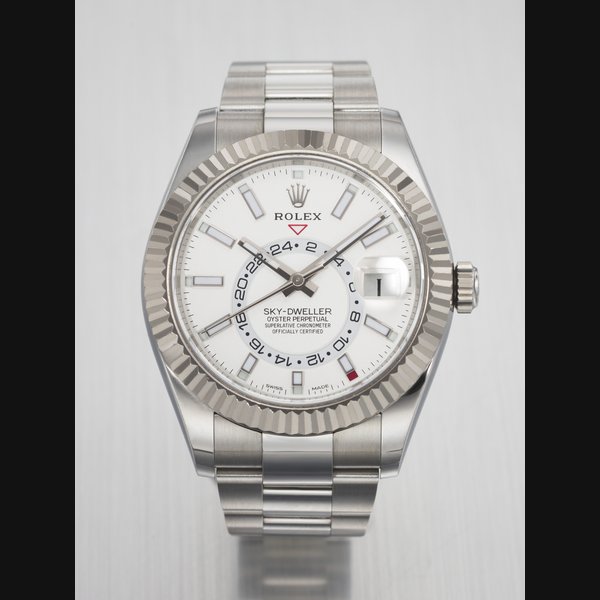 ROLEX. AN ATTRACTIVE STAINLESS STEEL AND 18K WHITE GOLD AUTOMATIC ANNUAL CALENDAR WRISTWATCH WITH DUAL TIME, SWEEP CENTRE SECONDS AND BRACELET SIGNED ROLEX, SKY-DWELLER MODEL, REF. 326934, CASE NO. T4585145, CIRCA 2018