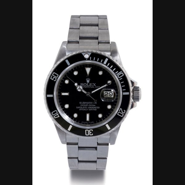 ROLEX. A STAINLESS STEEL AUTOMATIC WRISTWATCH WITH DATE, CENTER SECONDS AND BRACELET SIGNED ROLEX, OYSTER PERPETUAL DATE, SUBMARINER, 1000FT=300M, CASE NO. 9361001, REF. 168000, CIRCA 1986