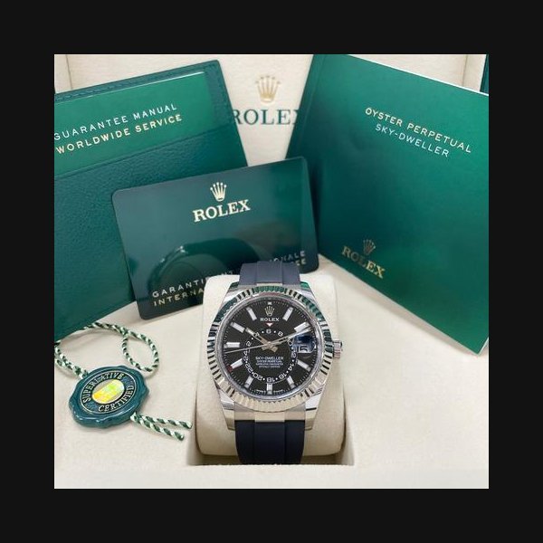 Rolex Rolex Sky-DwellerUNWORN Sky-Dweller 336239 42mm Black Index Dial Oysterflex Rubber Band 18k White Gold Full Set Complete Box & Papers