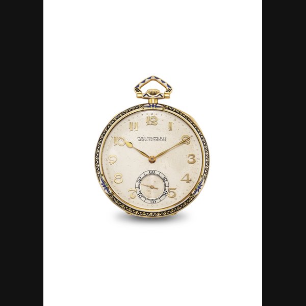 PATEK PHILIPPE. A FINE 18K GOLD AND ENAMEL OPENFACE KEYLESS LEVER DRESS WATCH SIGNED PATEK PHILIPPE & CIE, GENEVA, SWTZERLAND, RETAILED BY TILDEN-THURBER C., PROVIDENCE, R.I., MOVEMENT NO. 201'777, CASE NO. 408'320, MANUFACTURED IN 1928