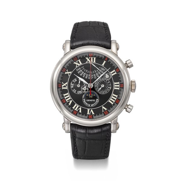 FRANCK MULLER. A RARE 18K WHITE GOLD LIMITED EDITION AUTOMATIC PERPETUAL CALENDAR CHRONOGRAPH WRISTWATCH WITH RETROGRADE MONTHS, MOON PHASES, 24H AND LEAP YEAR INDICATION AND BOX SIGNED FRANCK MULLER, MASTER OF COMPLICATIONS MODEL, REF. 7008 CC QP E I, NO. 13/50, CIRCA 2006