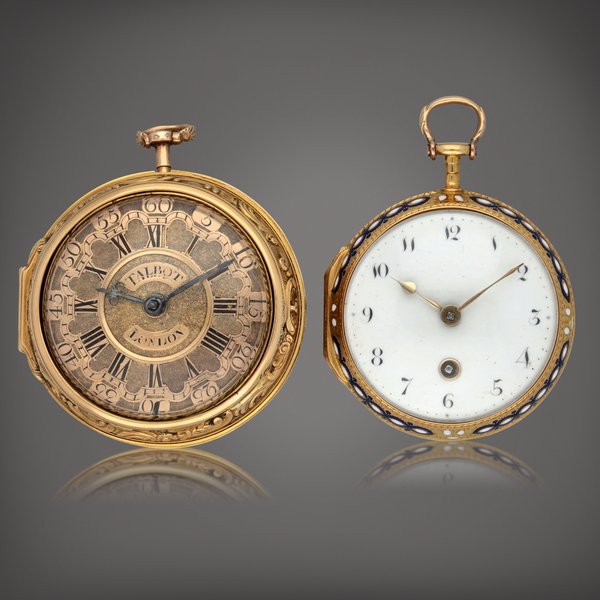 A set of two watches | One continental gold pair cased verge watch and one English gold and enamel verge watch | Circa 1800 / 1770