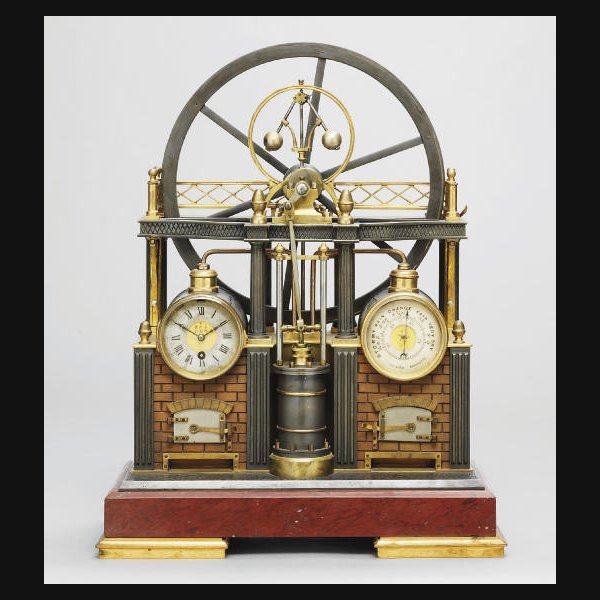 A French Brass A French brass, patinated and silvered brass and red marble eight day industrial timepiece with barometer and automata, for the Chinese market CIRCA 1890