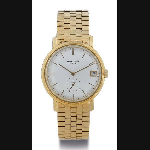 PATEK PHILIPPE. AN 18K GOLD AUTOMATIC WRISTWATCH WITH DATE AND BRACELET SIGNED PATEK PHILIPPE, GENEVE, RETAILED BY HUBER, MOVEMENT NO. 1120102, CASE NO. 311689, REF. 3445, MANUFACTURED IN 1962