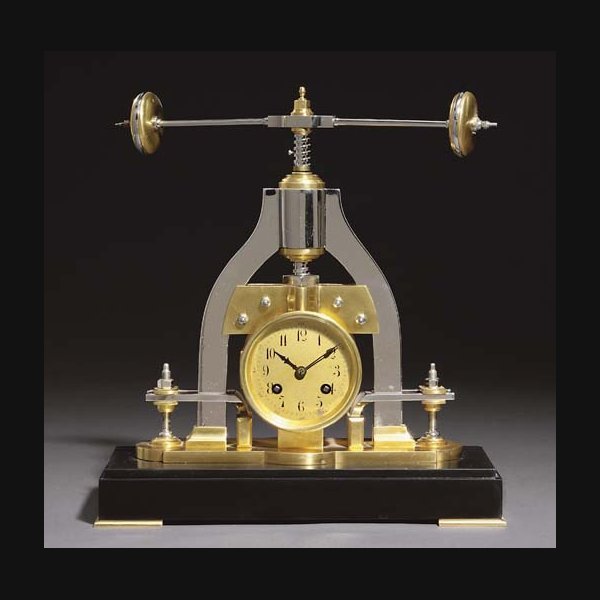 Fly Press A French brass and silvered brass and marmo nero Belgio eight day striking novelty clock with revolving bar-bell press GUILMET, PARIS, NO.1738. CIRCA 1890