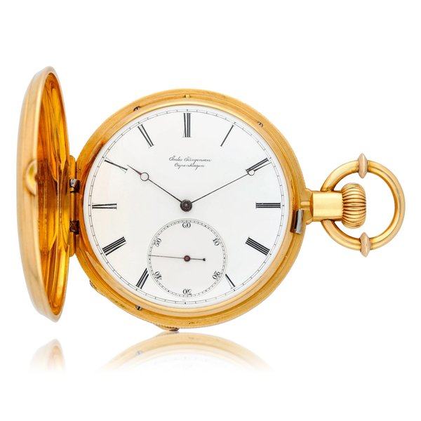 Jules Jürgensen, Copenhagen A gold hunting cased keyless lever watch with patented hand-setting Circa 1885, no. 10792