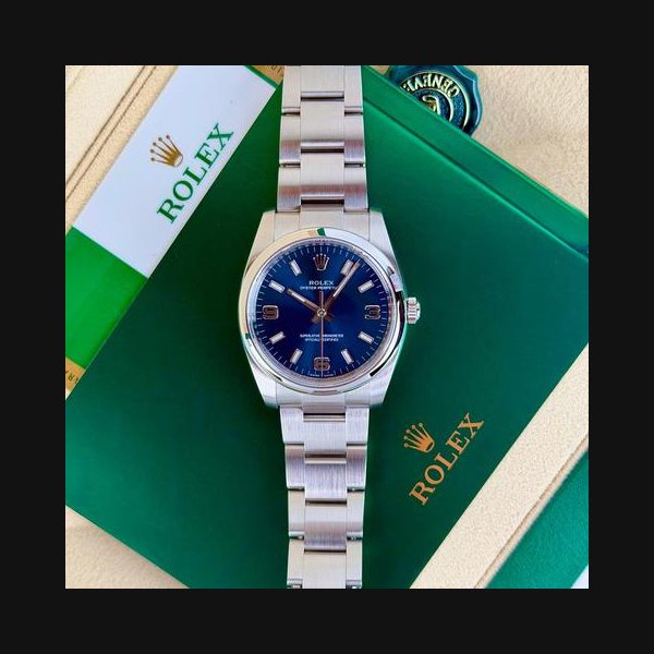 Rolex Oyster Perpetual34mm 2020 Blue Index Arabic Smooth Oyster Preowned 114200