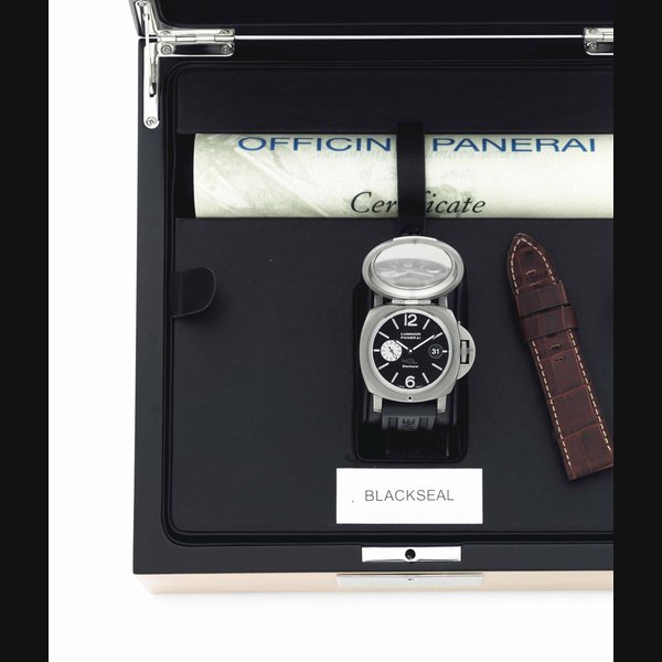 Panerai. An Oversized Limited Edition Titanium and Stainless Steel Cushion-Shaped Automatic Wristwatch with Date and Concealed Dial SIGNED PANERAI, LUMINOR BLACKSEAL, NO. E004/300, CASE NO. BB 1062823, REF. OP 6546, PAM 00237, CIRCA 2002