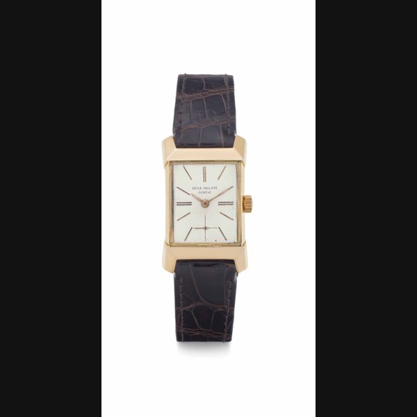 Patek Philippe. A Rare 18k Pink Gold Rectangular Wristwatch with Unusual Facetted Lugs SIGNED PATEK PHILIPPE, GENEVE, REF. 2553, MOVEMENT NO. 976'446, CASE NO. 687'608, MANUFACTURED IN 1955