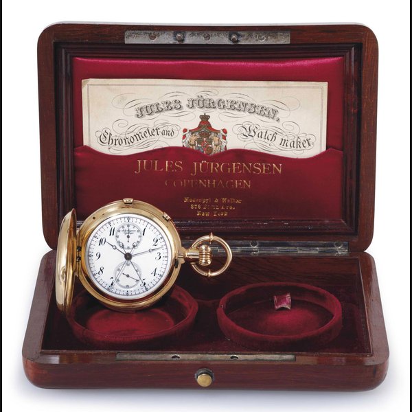 JULES JÜREGNSEN. A RARE 18K PINK GOLD HUNTER CASE MINUTE REPEATING SPLIT-SECONDS CHRONOGRAPH KEYLESS LEVER POCKET WATCH WITH ORIGINAL BOX AND CERTIFICATE SIGNED JULES JÜRGENSEN, COPENHAGEN, NO. 15198, CIRCA 1890