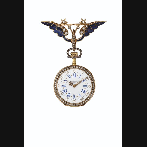 Patek Philippe. A Ladies Fine, Rare and Attractive 18k Gold, Enamel and Diamond-set Pendant Watch with Winged Brooch Signed Patek Philippe, Genève, Movement No. 110'198, Case No. 221'967 Manufactured in 1898