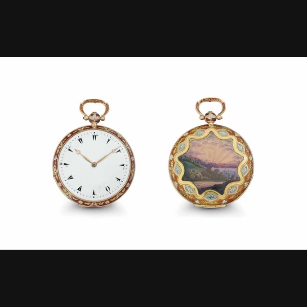 Anonymous. A Fine 18k Gold and Enamel Openface Cylinder Watch Made for the Turkish Market with Secret Signature DIAL WITH INSCRIBED SECRET SIGNATURE, CASE AND CUVETTE NO. 27'656, MID 19TH CENTURY