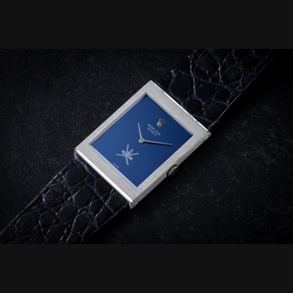 ROLEX, CELLINI REF. 4027 'KHANJAR', A RARE RECTANGULAR WHITE GOLD WRISTWATCH WITH NATIONAL SYMBOL OF OMAN CASE NUMBER: 3'813'024