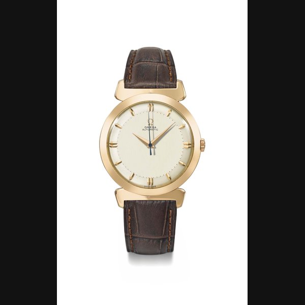 Omega. A fine 18K pink gold automatic wristwatch with center seconds and two-tone silvered dial Signed Omega, Automatic, ref. OT 14.326, movement no. 13’374’739, case no. 11’156’549, circa 1954