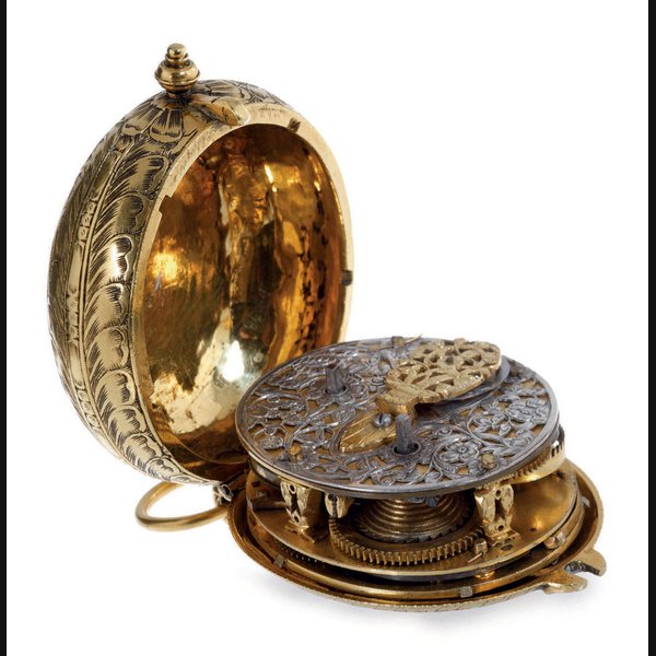 ENGLISH. A FINE AND EARLY GILT OVAL ASTRONOMICAL VERGE WATCH UNSIGNED, MADE FOR THE TURKISH MARKET, CIRCA 1680