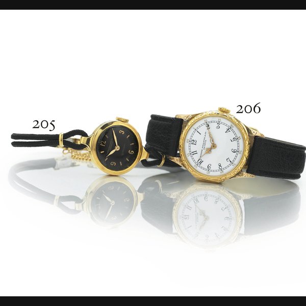 PATEK PHILIPPE. A LADY'S 18K GOLD WRISTWATCH WITH BLACK DIAL SIGNED PATEK PHILIPPE & CIE, GENEVE, MOVEMENT NO. 850471, CASE NO. 417817, REF. 297, RETAILED BY BROCK & CO., MANUFACTURED IN 1937