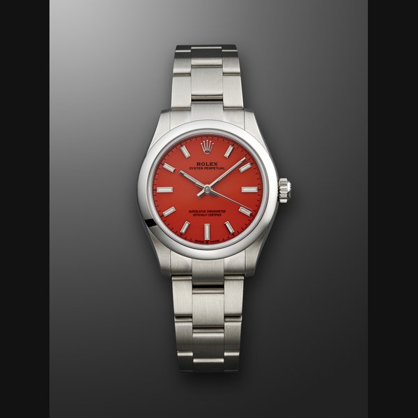 ROLEX, STAINLESS STEEL 'OYSTER PERPETUAL' WITH CORAL RED DIAL, REF. 277200