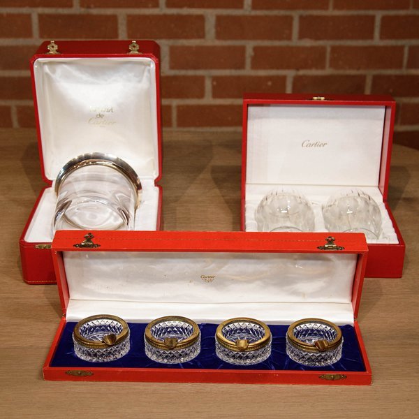 Cartier Cartier Crystal Barware NOS Set of 4 Ashtrays, Trinity Ice Bucket and 2 Goblets