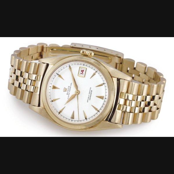 ROLEX. AN 18K GOLD AUTOMATIC WRISTWATCH WITH DATE, CENTER SECONDS AND BRACELET SIGNED ROLEX, OYSTER PERPETUAL, OFFICIALLLY CERTIFIED CHRONOMETER, CASE NO. 685182, REF. 6075, CIRCA 1962