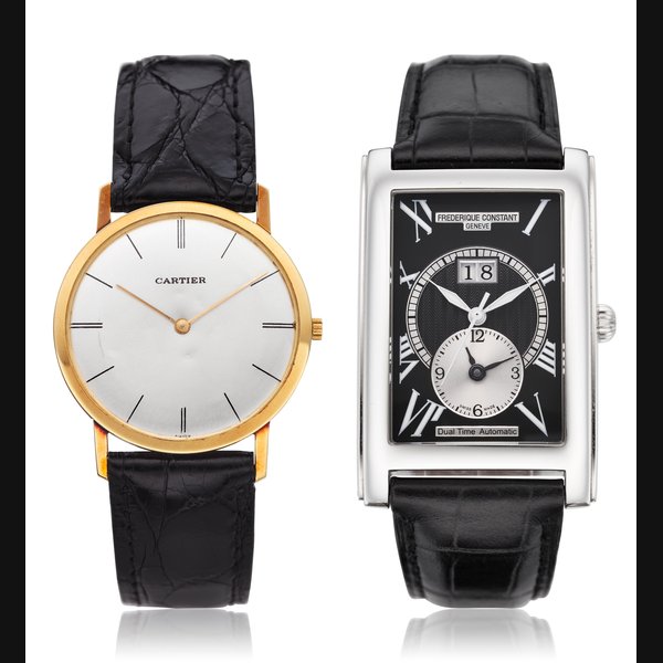 GROUP LOT OF TWO WATCHES, 18K CARTIER QUARTZ WATCH AND A DUAL-TIME FREDERIQUE CONSTANT