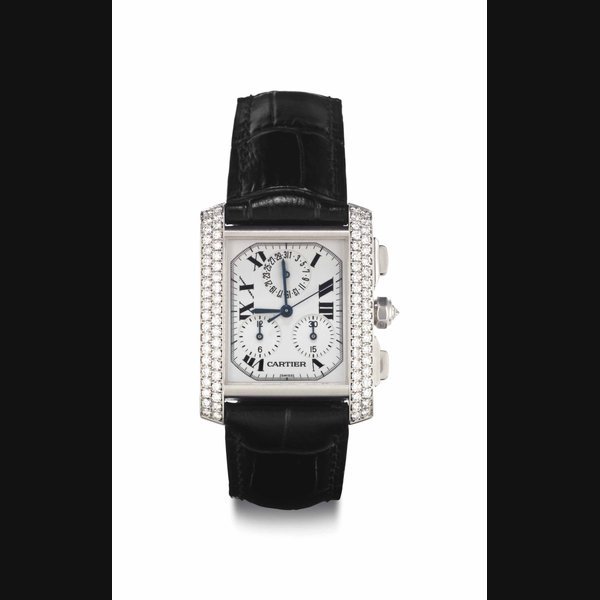 Cartier Cartier. An 18K White Gold and Diamond-set Chronograph Wristwatch SIGNED CARTIER, TANK FRANÇAISE MODEL, REF. 2367, CASE NO. MG263012, CIRCA 2000