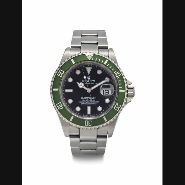 Rolex Rolex. A Fine Stainless Steel Automatic Wristwatch with Green Bezel, Center Seconds, and Date SIGNED ROLEX, OYSTER PERPETUAL DATE, SUBMARINER, 1000FT=300M, SUPERLATIVE CHRONOMETER, OFFICIALLY CERTIFIED, REF. 16610 T, CASE NO. Y962236, CIRCA 2005