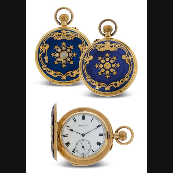 MERIDIAN. A FINE 18K GOLD, ENAMEL AND DIAMOND HUNTER CASE TWO-TRAIN MINUTE REPEATING PETITE SONNERIE KEYLESS LEVER CLOCK WATCH SIGNED MERIDIAN WATCH CO., NO. 18187, CIRCA 1890, MADE FOR THE INDIAN MARKET