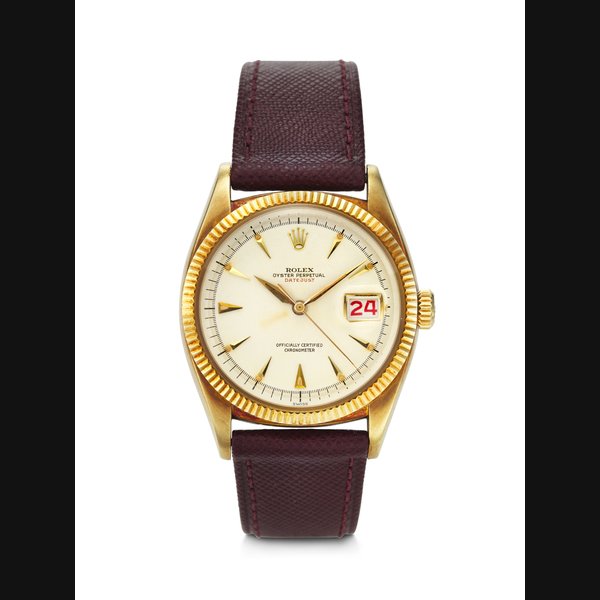 ROLEX, EXTREMELY RARE AND WELL-PRESERVED 14K YELLOW GOLD 'RED DATEJUST' WITH ROULETTE DATE WHEEL, REF. 6305-1