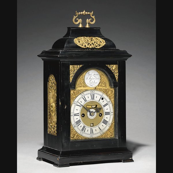A George II brass-mounted ebonised striking eight day table clock with alarm BEARING SIGNATURE DANIEL QUARE AND STEPHEN HORSEMAN, LONDON. SECOND QUARTER 18TH CENTURY
