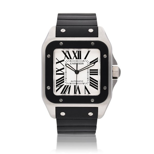 Cartier Reference 2656 Santos 100 | A stainless steel square shaped wristwatch with black rubber bezel, Circa 2015