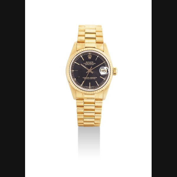 Rolex ROLEX. AN 18K GOLD MID-SIZE AUTOMATIC WRISTWATCH WITH SWEEP CENTRE SECONDS, DATE AND BRACELET SIGNED ROLEX, OYSTER PERPETUAL, DATEJUST MODEL, REF. 6827, CASE NO. 8'092'895, CIRCA 1983